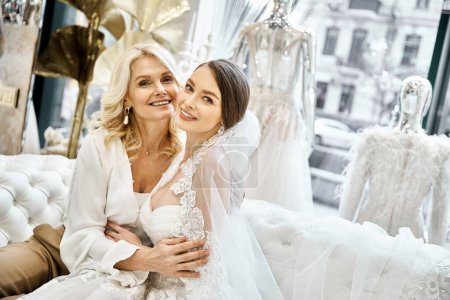 A young brunette bride and her middle-aged blonde mother sit together in wedding dresses at a bridal salon.