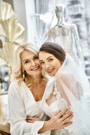 Photo for A young brunette bride in a wedding dress stands next to her middle-aged blonde mother in a bridal salon. - Royalty Free Image