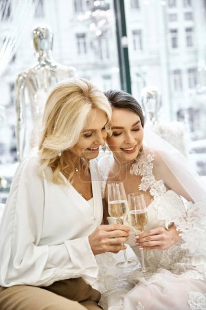 Foto de Joven novia en vestido de novia y su madre sentados juntos, sosteniendo copas de vino en el salón de novia. - Imagen libre de derechos