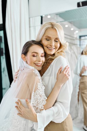 Eine junge brünette Braut im Brautkleid und ihre Mutter mittleren Alters umarmen sich vor einem Spiegel in einem Brautsalon.