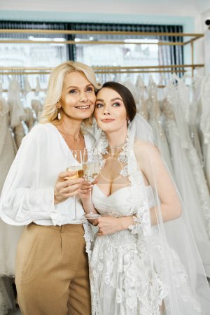 Une jeune mariée en robe de mariée et sa mère, toutes deux tenant des verres de champagne, se tiennent côte à côte dans un salon de mariée.