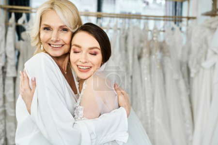 Zwei Frauen, eine junge brünette Braut im Brautkleid und ihre Mutter mittleren Alters, umarmen sich vor einem Kleiderständer in einem Brautsalon.