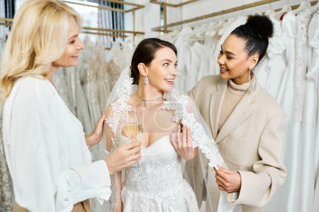 A young bride, her mother, and bridesmaid stand in a bridal salon next to a rack of dresses, examining their options.