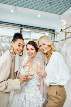 A young bride in a wedding dress stands between her middle-aged mother and best friend in a bridal salon, smiling warmly.