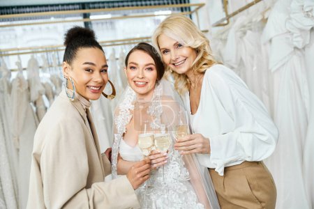 Photo for Young bride, middle-aged mother, and bridesmaid in bridal salon, stand holding champagne glasses. - Royalty Free Image