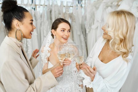 Eine junge Braut im Brautkleid, ihre Mutter mittleren Alters und ihre beste Freundin als Brautjungfer stehen zusammen und halten Champagnergläser in den Händen..