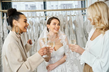 Two brides in wedding attire and a woman with champagne flutes in front of a rack of wedding dresses in bridal salon.