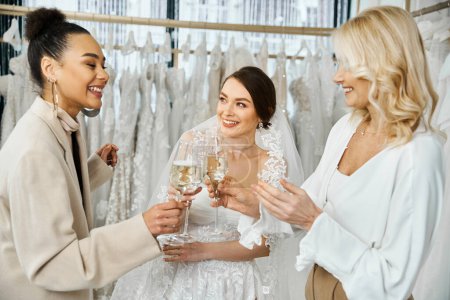 Photo for A group of women, including a young bride, her middle-aged mother, and a bridesmaid, standing together and holding wine glasses. - Royalty Free Image