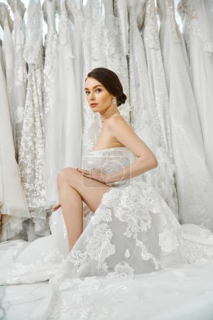 Eine junge brünette Braut in einem weißen Hochzeitskleid sitzt anmutig auf einem Bett und betrachtet den bevorstehenden bedeutsamen Anlass..