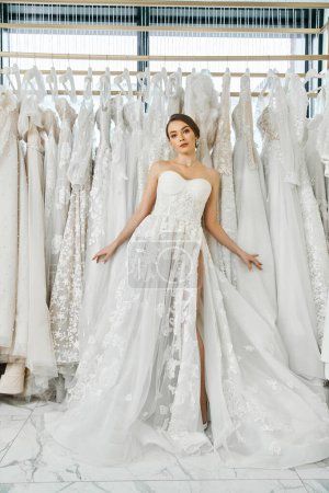A young brunette woman surrounded by a rack of elegant dresses in a wedding salon, contemplating her options for the big day.