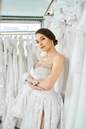 A young brunette bride stands among a rack of dresses in a wedding salon, choosing her perfect gown.