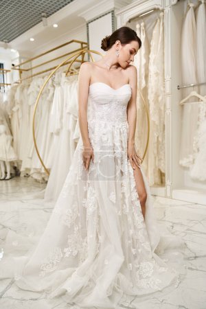 Novia joven rodeada de una variedad de vestidos blancos en un salón de bodas, haciendo una selección reflexiva.