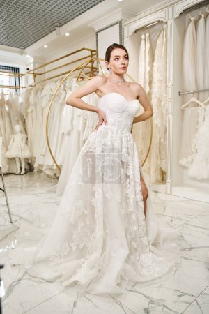 A young, beautiful bride stands in a wedding salon, surrounded by a rack of white dresses, contemplating her choice.