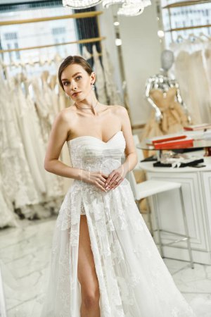 Young brunette bride in a white dress gazes at her reflection in a mirror in a wedding salon, embodying elegance and grace.