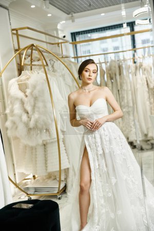 A young, beautiful brunette bride stands in front of a rack of dresses in a wedding salon, contemplating her options.
