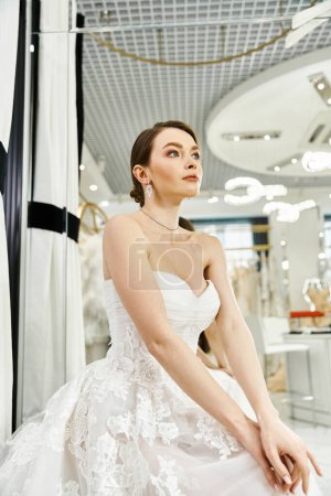 A young, beautiful brunette bride in a flowing white wedding dress sits regally on a chair in a lavish wedding salon.