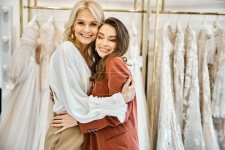 Two women hug in front of wedding dresses, a young bride and her mother share a moment of joy and love.