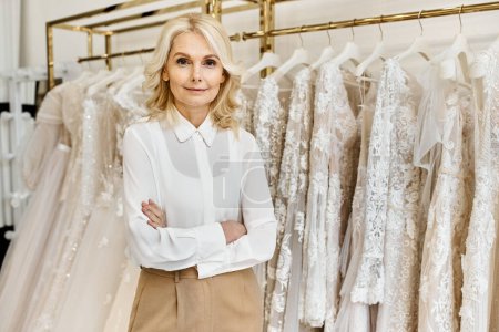A middle-aged beautiful shopping assistant stands before a rack of elegant wedding dresses in a bridal salon.