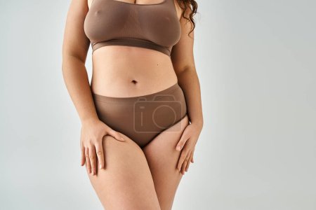 Foto de Tiro recortado de seductor cuerpo más mujer de tamaño en ropa interior con las manos en las caderas en fondo gris - Imagen libre de derechos