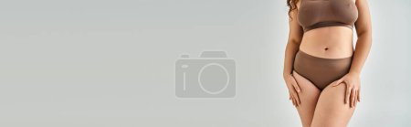 Foto de Tiro horizontal del cuerpo más la mujer de tamaño en ropa interior con las manos en las caderas en fondo gris - Imagen libre de derechos
