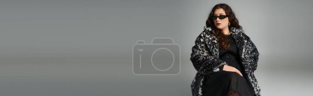 banner of curvy girl in leopard fur coat and sunglasses sitting on chair with cross legs