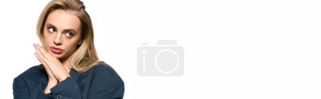 Photo for Good looking blonde woman in elegant blue blazer posing on white background and looking away, banner - Royalty Free Image