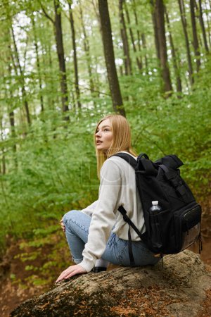 Portrait arrière d'une blonde aventureuse en pull confortable découvrant une forêt pittoresque surplombant