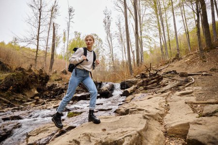 Young blonde female hiker wearing sweater and jeans crossing the forest creek walking in woods