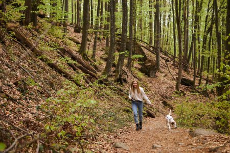 Smiling young woman in sweater and jeans walking her dog on a leash in forest path while hiking