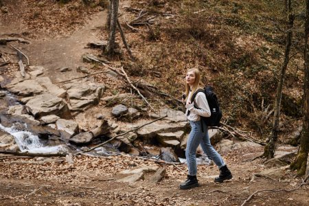 Foto de Joven excursionista cruzando el arroyo del bosque, teniendo viaje en mochila cerca del bosque - Imagen libre de derechos
