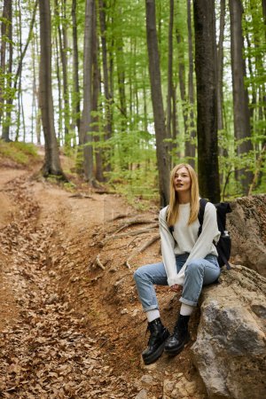 Foto de Senderista rubia sonriente que usa mochila y descansa sobre rocas mientras está sentada en bosques profundos - Imagen libre de derechos