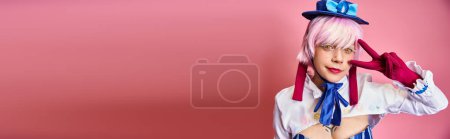 Photo for Joyous woman cosplaying anime character and showing peace gesture and looking at camera, banner - Royalty Free Image