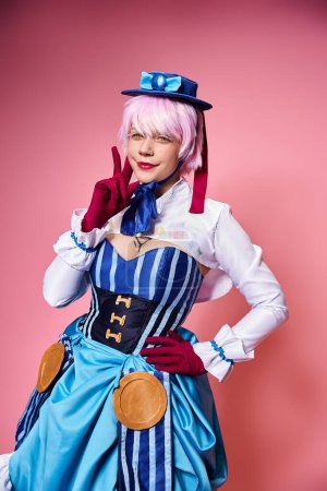 jolly appealing woman cosplaying vibrant anime character and looking at camera on pink backdrop