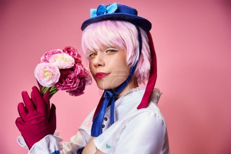 alluring cute female cosplayer in vibrant costume holding pink flowers and looking at camera puzzle 699817966