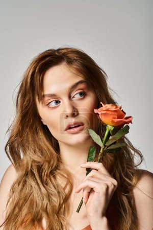Schöne Aufnahme einer ziemlich neugierigen Frau mit blauen Augen, die eine pfirsichfarbene Rose in der Nähe ihres Gesichts auf grauem Hintergrund hält