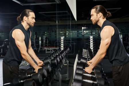 Un hombre atlético en ropa activa sosteniendo un par de pesas en un gimnasio, preparándose para una sesión de entrenamiento.