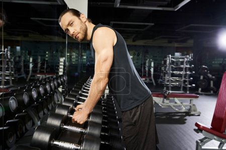 A fit man in activewear stands next to a row of dumbbells in a gym, preparing for an intense workout session.