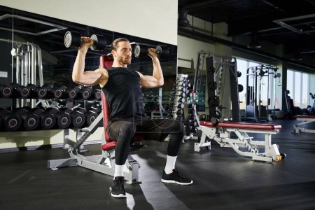 A focused man in active wear is lifting weights on a bench press in a gym.