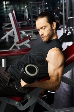 Un atlético en activo se sienta en un banco, sosteniendo un par de pesas mientras hace ejercicio en un gimnasio.