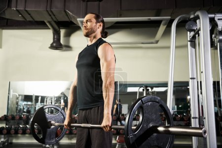 Ein athletischer Mann in aktiver Kleidung steht in einer Turnhalle und hält zielstrebig und fokussiert eine Langhantel.