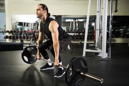 Ein athletischer Mann in aktiver Kleidung hebt in einem Fitnessstudio eine Langhantel und demonstriert Stärke und Entschlossenheit.
