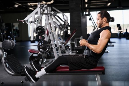 Un hombre atlético en ropa activa se sienta solo en un banco de gimnasia, tomando un momento de reflexión en medio de su rutina de entrenamiento.