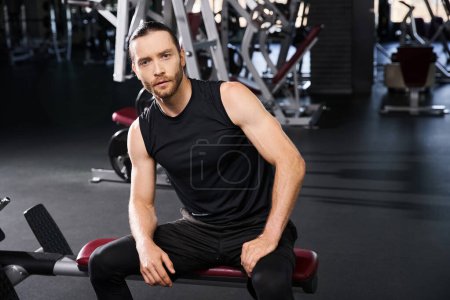 Ein fokussierter Mann in sportlicher Kleidung sitzt nach einer intensiven Trainingseinheit tief in Gedanken auf einer Gymnastikbank..