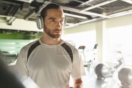 Ein athletischer Mann in aktiver Kleidung hört Musik über Kopfhörer, während er in einem Fitnessstudio trainiert.