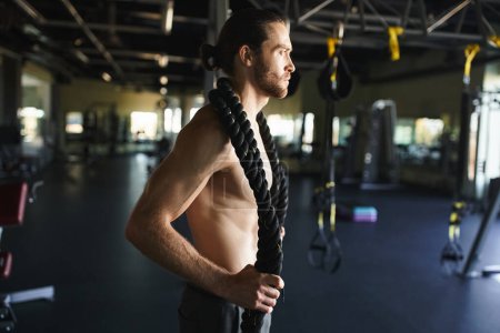 A shirtless muscular man challenges himself with a rope around his neck during an intense workout session in the gym.