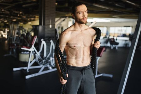 Un hombre musculoso sin camisa intensamente enfocado en su entrenamiento de gimnasio con cuerdas pesadas.