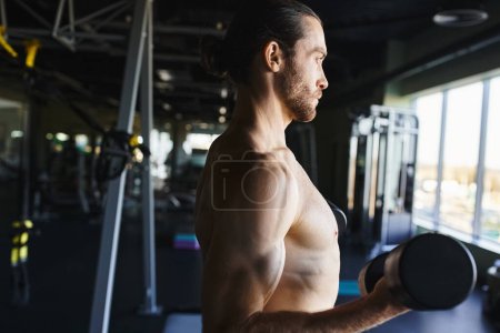 Ein hemdloser Mann lässt seine Muskeln spielen, während er eine Hantel in einem Fitnessstudio hält, und zeigt Hingabe an seine Workout-Routine.