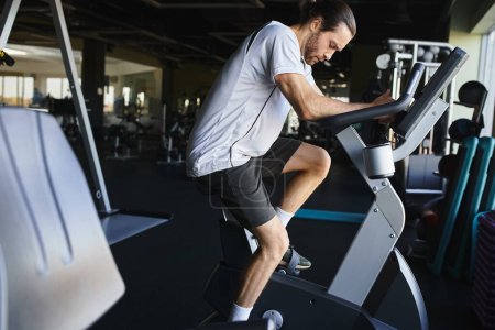 Photo for A muscular man is cycling on a stationary bike in a gym, focused and determined. - Royalty Free Image