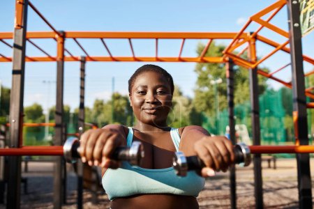Eine Afroamerikanerin in Sportbekleidung hebt selbstbewusst eine Hantel, während sie in einem ruhigen Park trainiert.