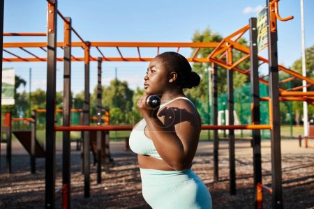 A curvy African American woman in sportswear holding a black dumbbell outdoors, showcasing body positivity.